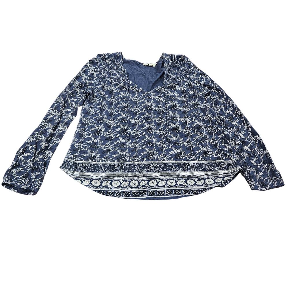 Lucky Brand Boho Y2K Blue Floral Peasant Top Tie Neck Cottagecore M